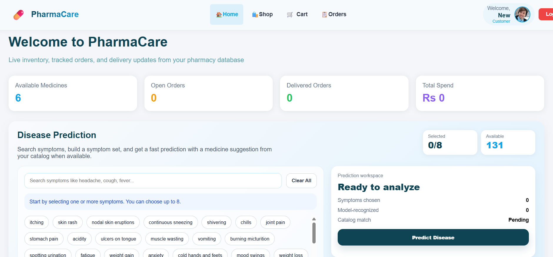 PharmaCare customer dashboard with inventory totals and symptom-based disease prediction
