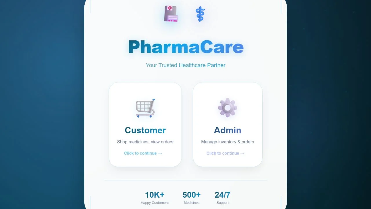 PharmaCare customer and administrator landing page