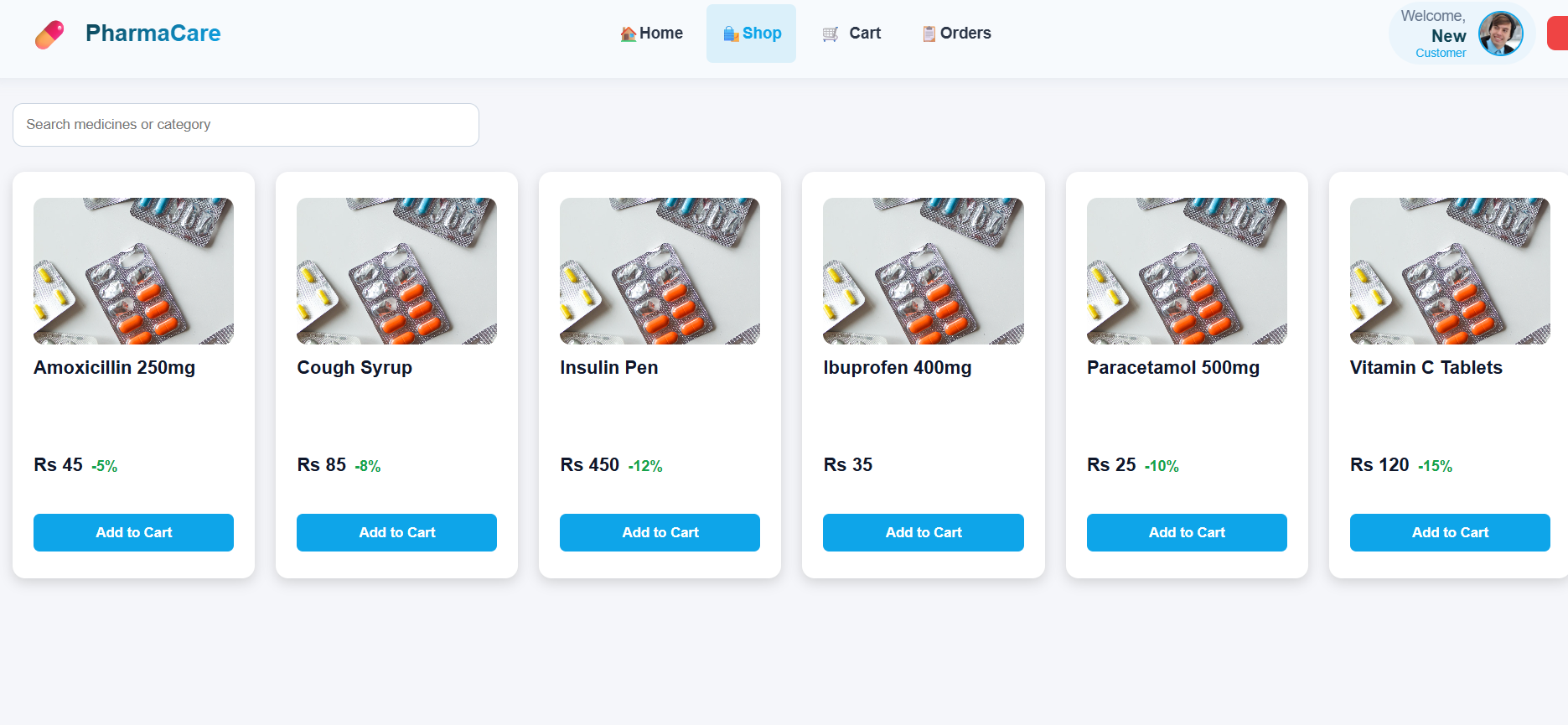 PharmaCare medicine storefront with search, prices and add-to-cart controls