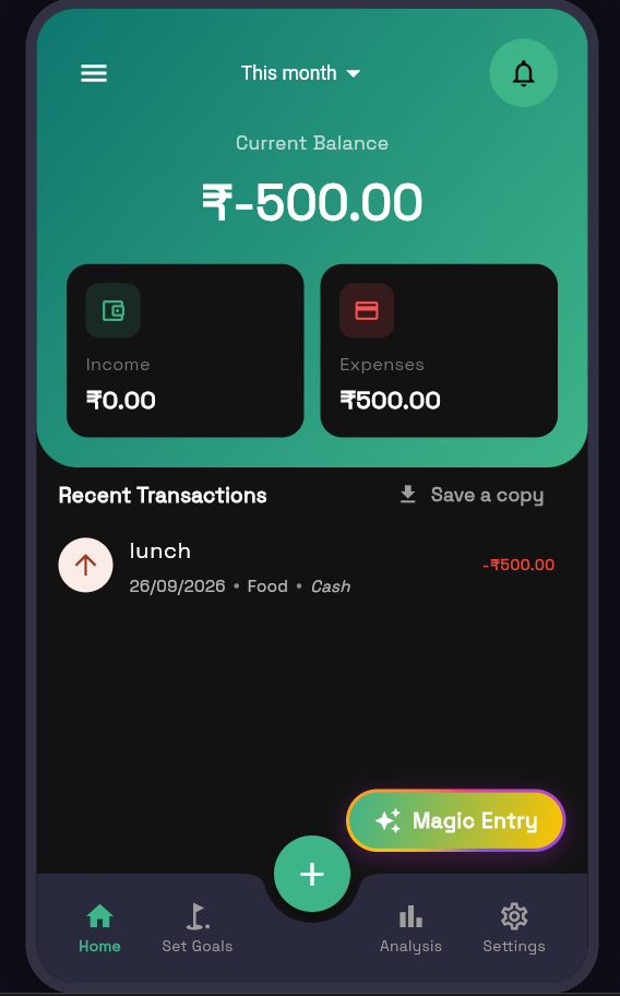 SpendWise dashboard with balance, recent transactions and Magic Entry